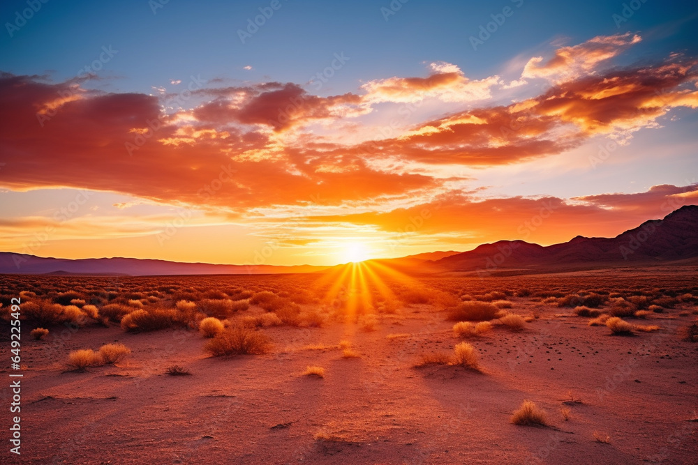 A remote desert landscape during a sunrise, illustrating the love and creation of vast and arid beauty, love and creation