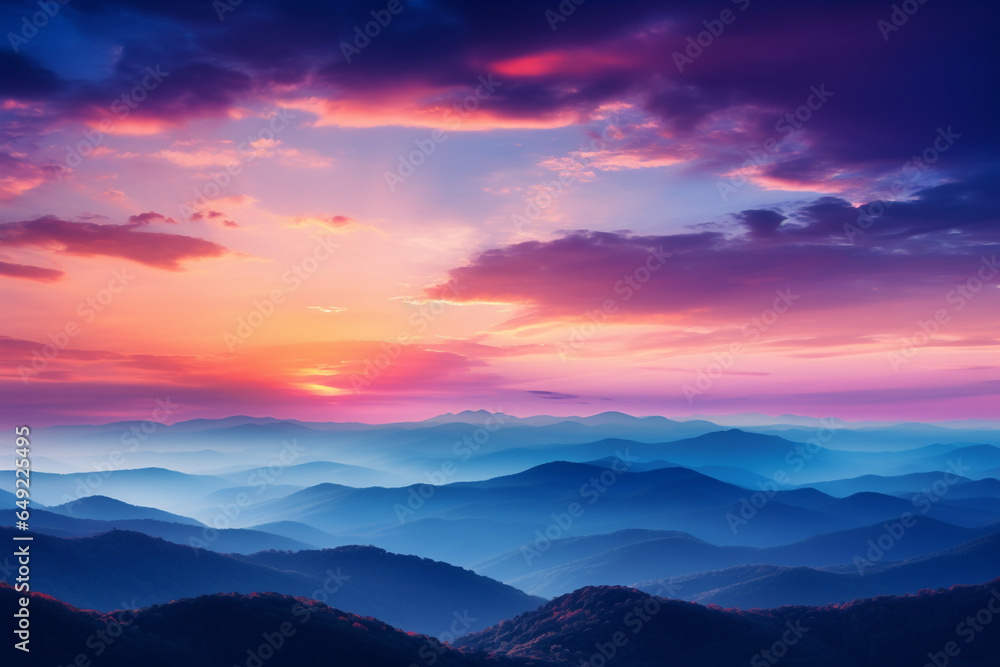 A mountain range during a colorful sunset, symbolizing the love and creation of breathtaking natural panoramas, love and creation