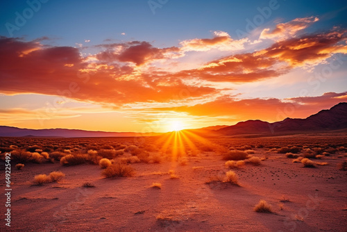 A remote desert landscape during a sunrise, illustrating the love and creation of vast and arid beauty, love and creation