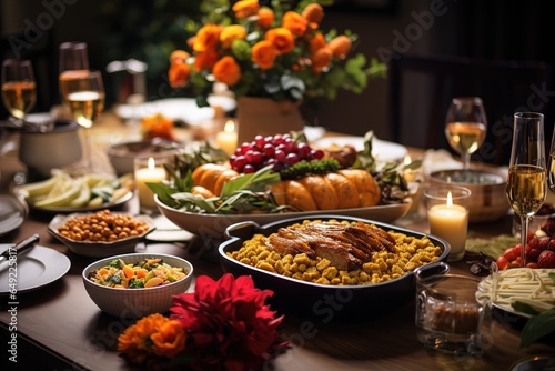 Festive dinner on the table in a rustic style for Thanksgiving