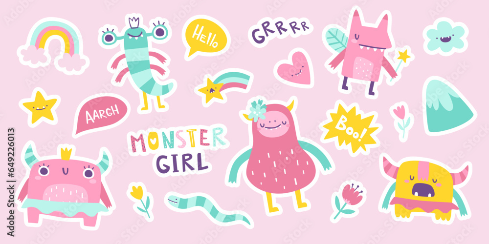 Set of cute stickers with monster girls. Vector collection of girly beasts for kids. Pink doodle monsters bundle for baby girls. Set of cute stickers with monster girls. Vector collection of girly beasts for kids. Pink doodle monsters bundle for baby girls.