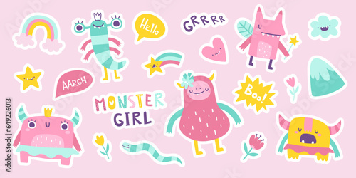 Set of cute stickers with monster girls. Vector collection of girly beasts for kids. Pink doodle monsters bundle for baby girls.