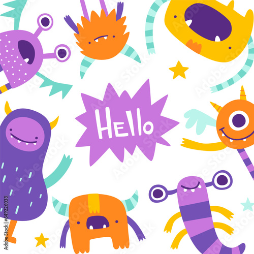 Cute monster frame border template for kids. White vector banner with funny colorful monsters.