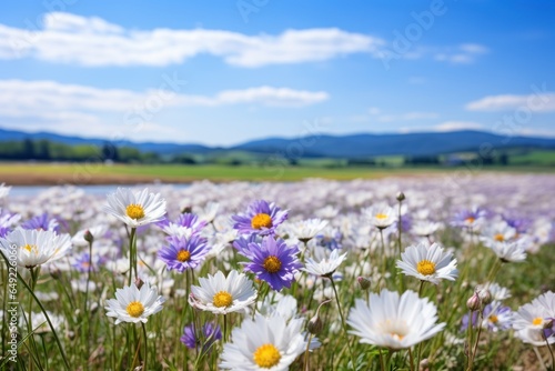 Landscape of flowers blooming in the meadow White chamomiles and purple bluebells bloom on the field. Summer landscape of wildflowers blooming in the meadow. © Attasit