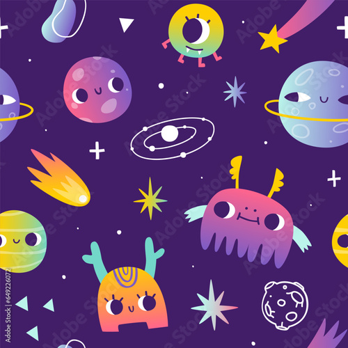 Psychedelic space pattern with abstract planet and aliens. Surreal colorful cosmic seamless vector print.