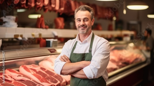 Male butcher or shopkeeper working in modern meat shop.