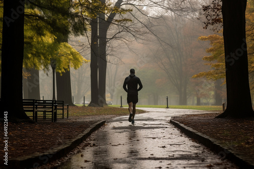 A jogger in a park, undeterred by the drizzle, symbolizing the love and creation of a determined and active lifestyle, love and creation photo