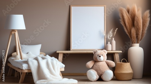 Mockup frame white in children room with natural wooden furniture, Farmhouse style interior background.