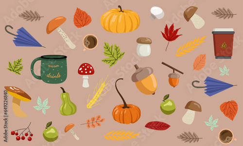 Big set of pumpkins, boletus, umrellas, leaves, champingons, cups, mugs, fly agaric, acorns, apples, wheats,rowan, coffee onpale brown background for patternn, greeting cards, posters, wallpapers, web photo