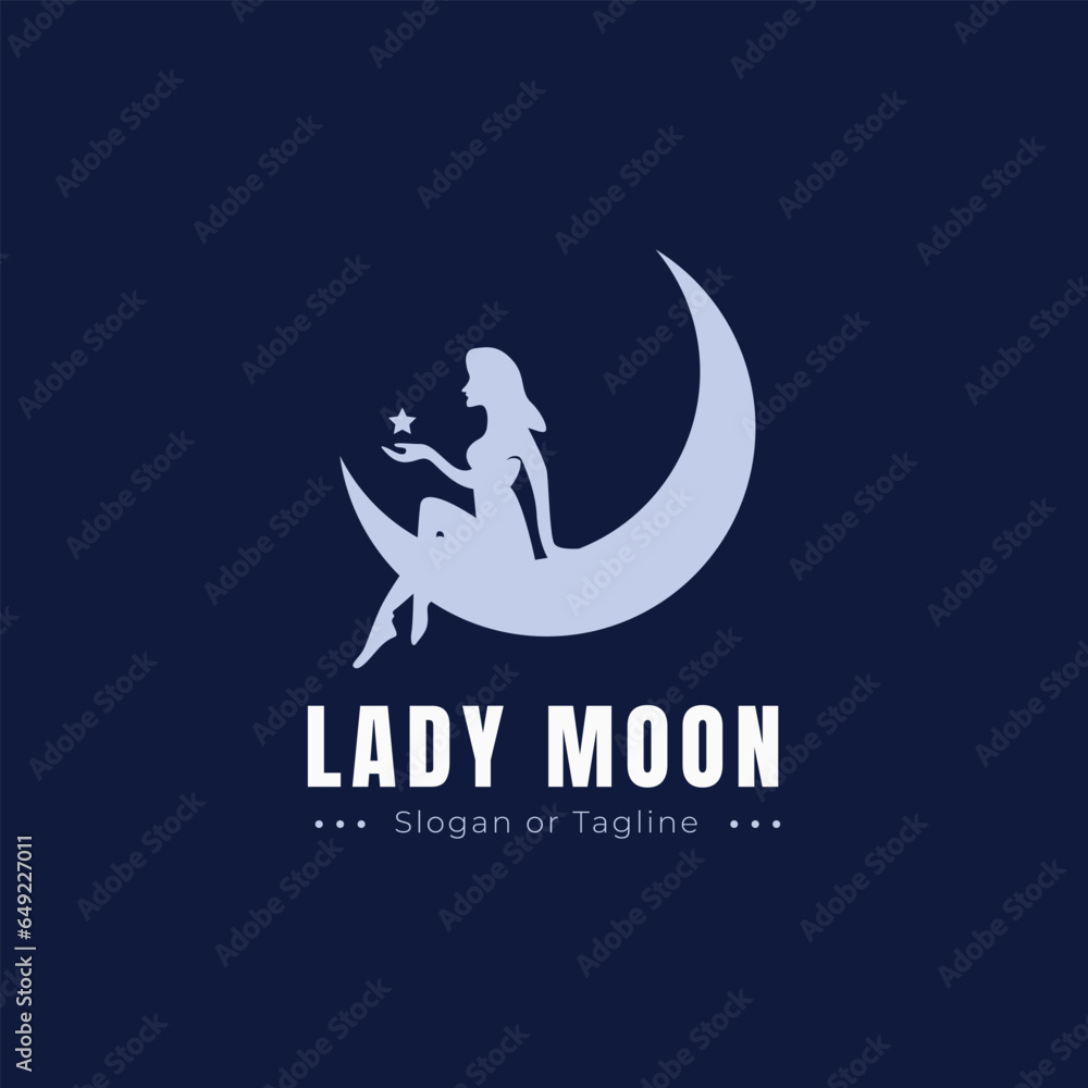 Obraz premium Lady play with star above the moon logo icon design on the sky. vector