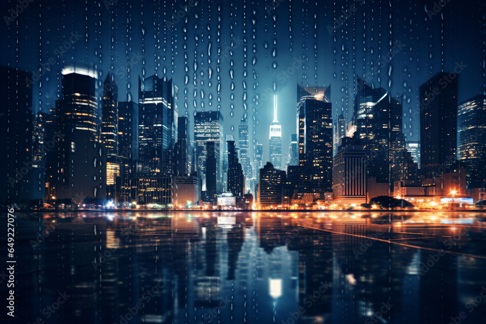 A city skyline with rain-blurred lights at night, illustrating the love and creation of urban atmospheres transformed by rainfall, love and creation