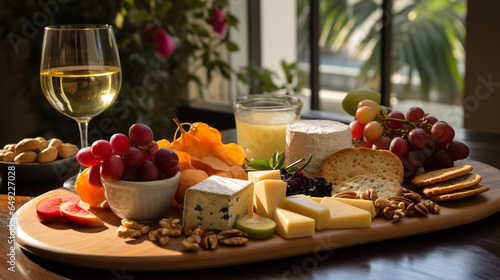 Vegan cheese assortment with fruits, crackers, and wine