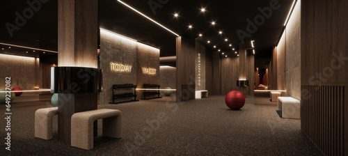 Fototapeta Naklejka Na Ścianę i Meble -  Modern gym interior design. Luxury fitness and stretching room with wood details and black ceiling. 3D Rendering, 3D Illustration