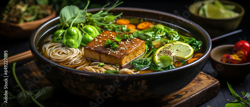 Steaming vegan ramen with tofu and fresh vegetables