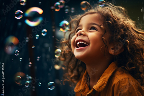 A child blowing bubbles in the rain, their laughter capturing the love and creation of carefree childhood moments, love and creation