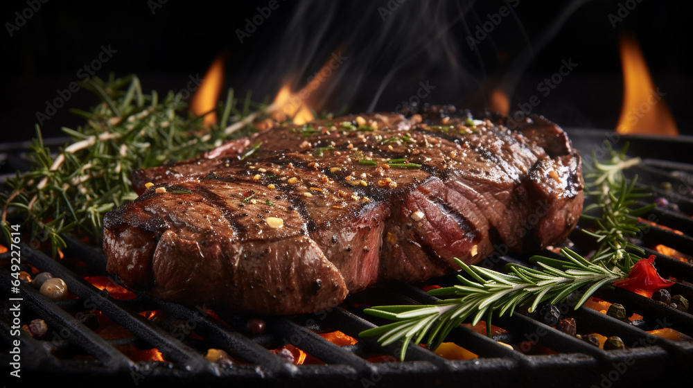 Grilling cultured meat steak with herbs and spices - obrazy, fototapety, plakaty 