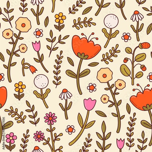 Seamless vector pattern with abstract poppy, daisy, camomile, dandelion flowers and branches. Cute country style floral background. Vintage cottagecore. Wallpaper, wrapping paper, surface design