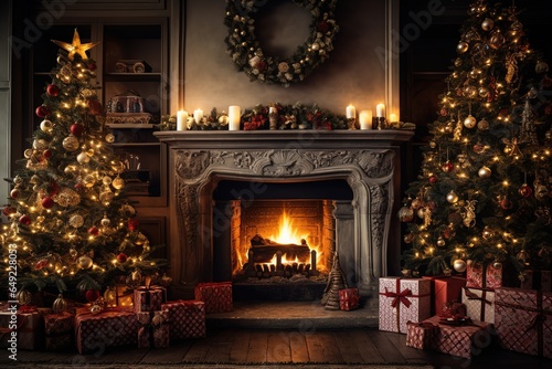 Interior Christmas,magic glowing Christmas tree, fireplace and gifts