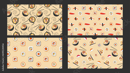 Set of backgrounds with seamless patterns with Asian food. Vector