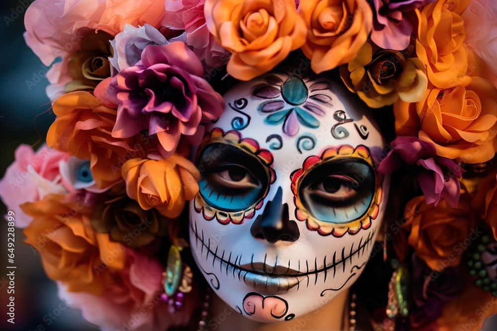 A girl with flowers and makeup to celebrate the Day of the Dead