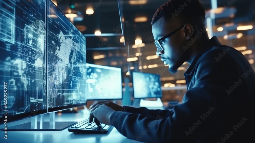 IT Engineers Working in Supercomputer Room, Development of a quantum computer, Network background. IT Engineers Working in Supercomputer Room, Development of a quantum computer, Network background.