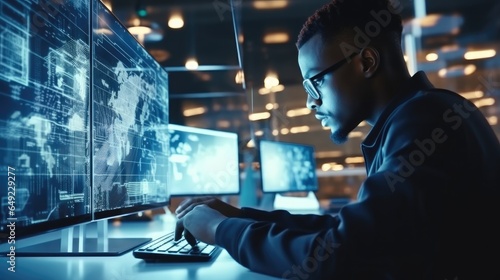 IT Engineers Working in Supercomputer Room, Development of a quantum computer, Network background.