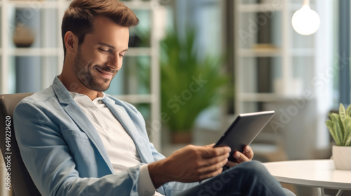 Young businessman using digital tablet and analyzing business report in modern office.