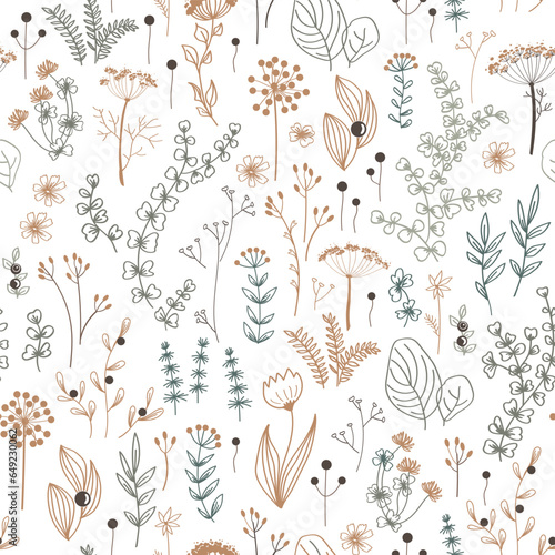 Fototapeta Naklejka Na Ścianę i Meble -  Autumn abstract seamless pattern. Minimal floral elements background, dry herbs design vector.
