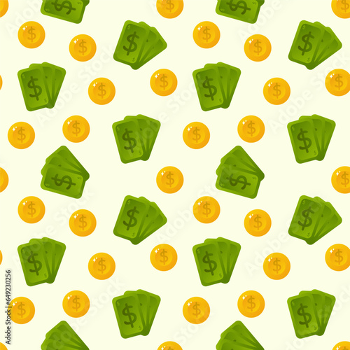Gold coins and money seamless pattern. Vector. Perfect for various projects like textiles, paper crafts, and more.