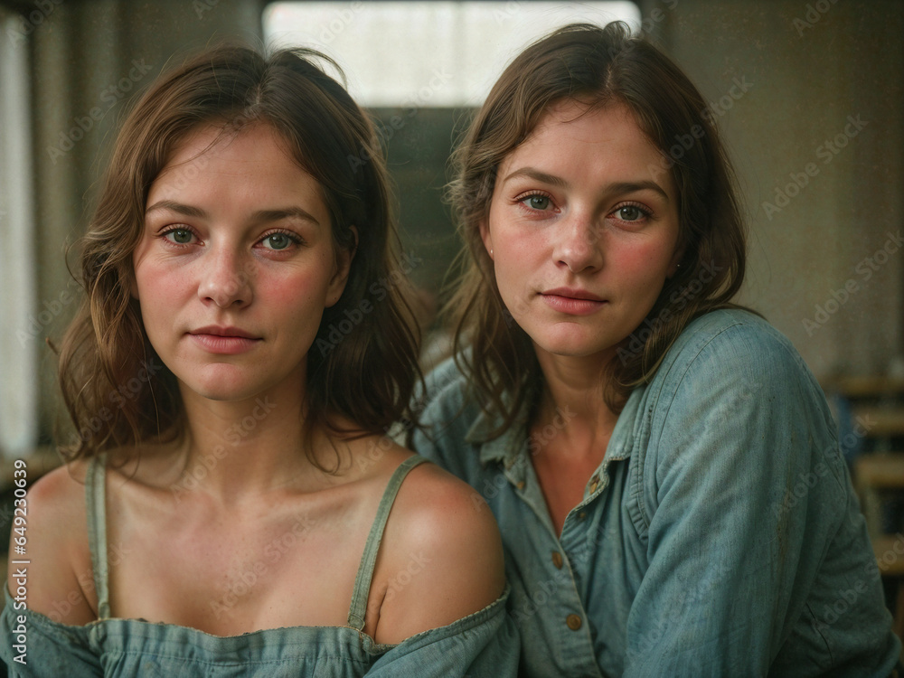 Fototapeta premium two women in dirty clothes in farm school