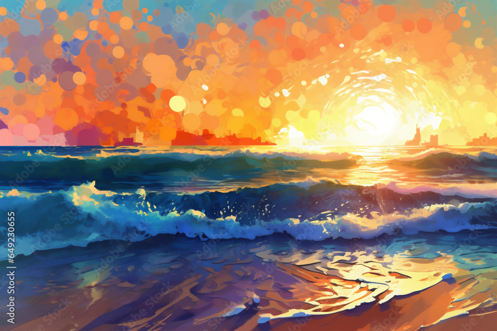 Abstract illustration of a landscape with rough sea during sunset