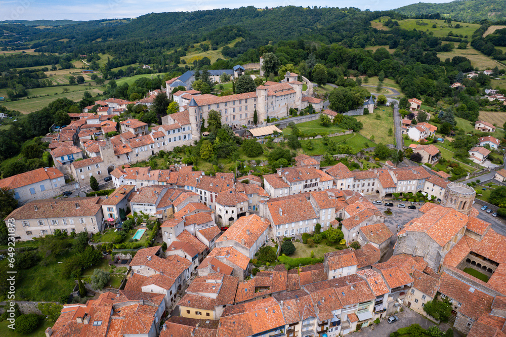 Aerial view of the beautiful french village of Saint-Lizier in southern France, Ariège, Occitanie
