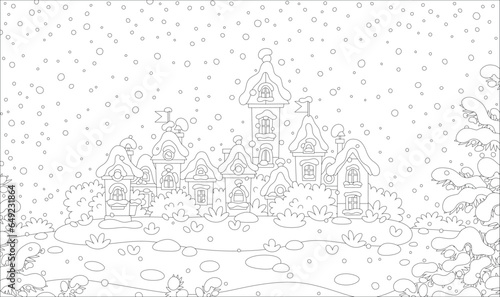 Small toy houses of a pretty town covered with snow on a cold and snowy winter day, black and white outline vector cartoon illustration for a coloring book page