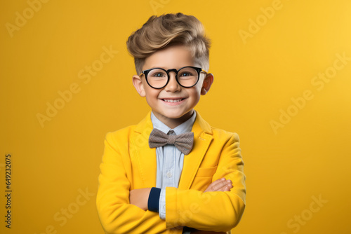 Happy schoolboy or smart little student boy in suit portrait on yellow background. back to school photo