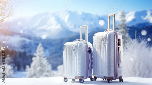 Travel concept. Suitcases, luggage, in winter lanscape. Time for vacation in the ski slopes. Blurred bokeh background with copy space. #649232255