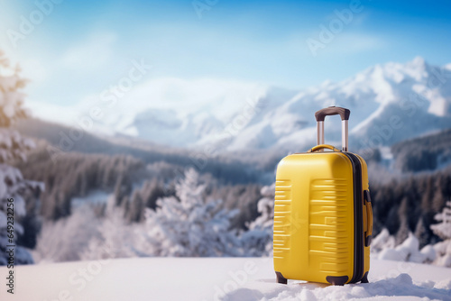 Travel alone. Single yellow suitcase, luggage, in winter lanscape. Time for vacation in the ski slopes. Blurred bokeh background with copy space. photo