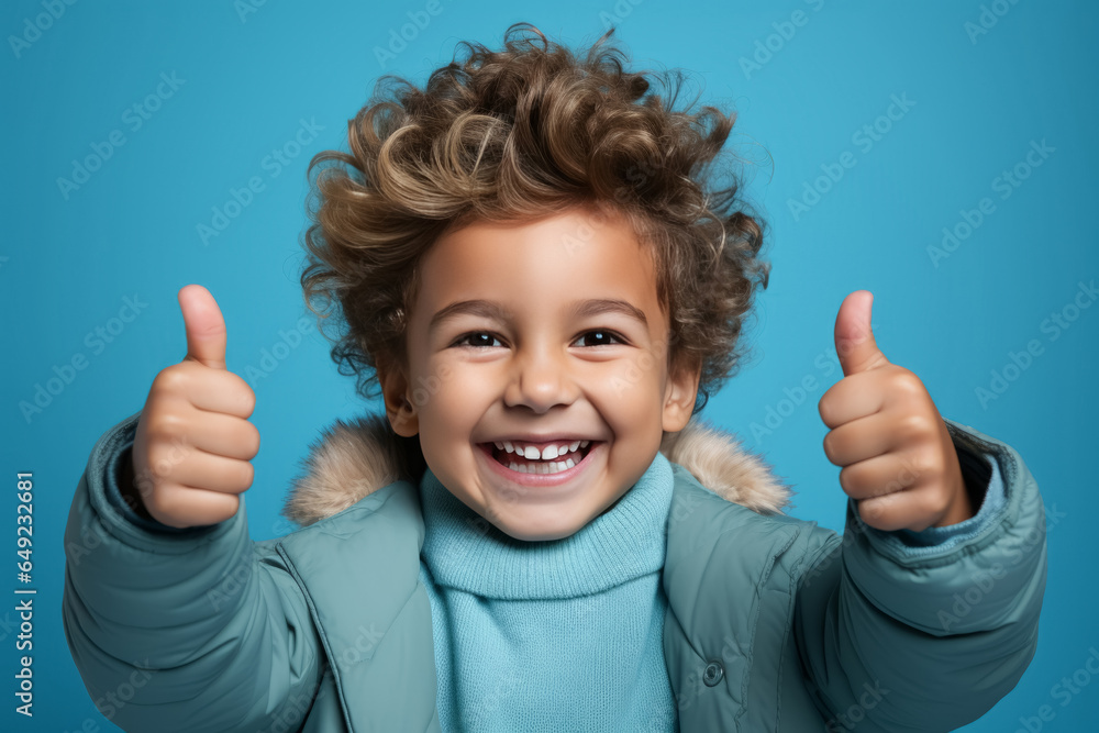 smiling schoolboy wearing outwear show thumb up finger on blue background. Back to school smiling schoolboy wearing outwear show thumb up finger on blue background. Back to school
