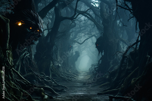 Illustration of a misty forest path with gnarled trees and glowing eyes peering from the darkness, evoking a spine - chilling journey into the unknown.Generative Ai © bluebeat76