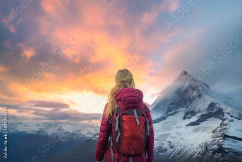 young woman hiker wearing backpack looking at the snow mountains in background of winter landscape and beautiful sunset sky. travel concept of vacation and holiday.