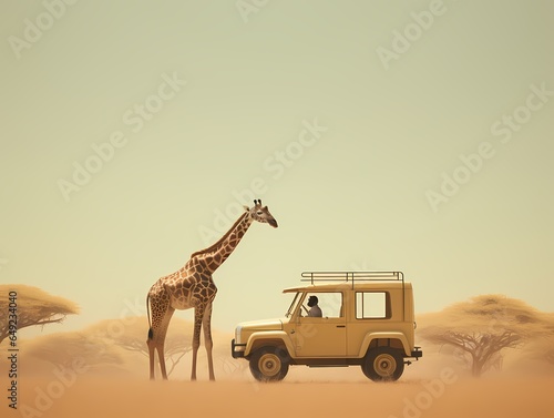 A giraffe standing in front of a safari off-road vehicle surrounded by a sandy desert