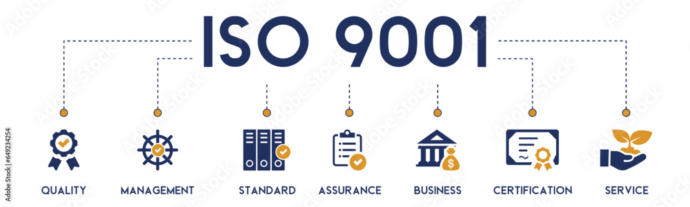 ISO 9001 banner website icon vector illustration concept with icon of quality, management, standard, assurance, business, certification and service on white background - obrazy, fototapety, plakaty 