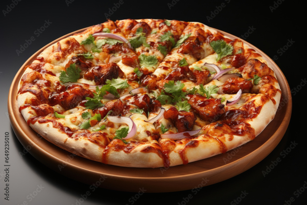 Chicken pizza on a dark background. Generative AI Chicken pizza on a dark background. Generative AI