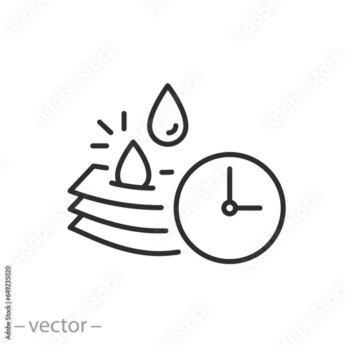 liquid absorption rate icon, moisture absorption time, blotting property,  thin line symbol on white background - editable stroke vector illustration