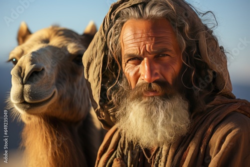 Bedouin and camel in the deserted Wadi Rum desert. Landscapes from science fiction films. Blurred background. Cheerful nomad in traditional arab clothing. Man with humped animal. Egyptian traveler © Irina Mikhailichenko