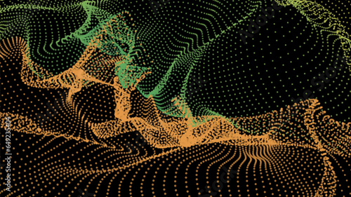 Energy net flows. Dot particle lines penetrating fog. Neon lights plexus of knots. Curved node row space infinity. Linking funnel universe parameters. Background information technology presentation.
