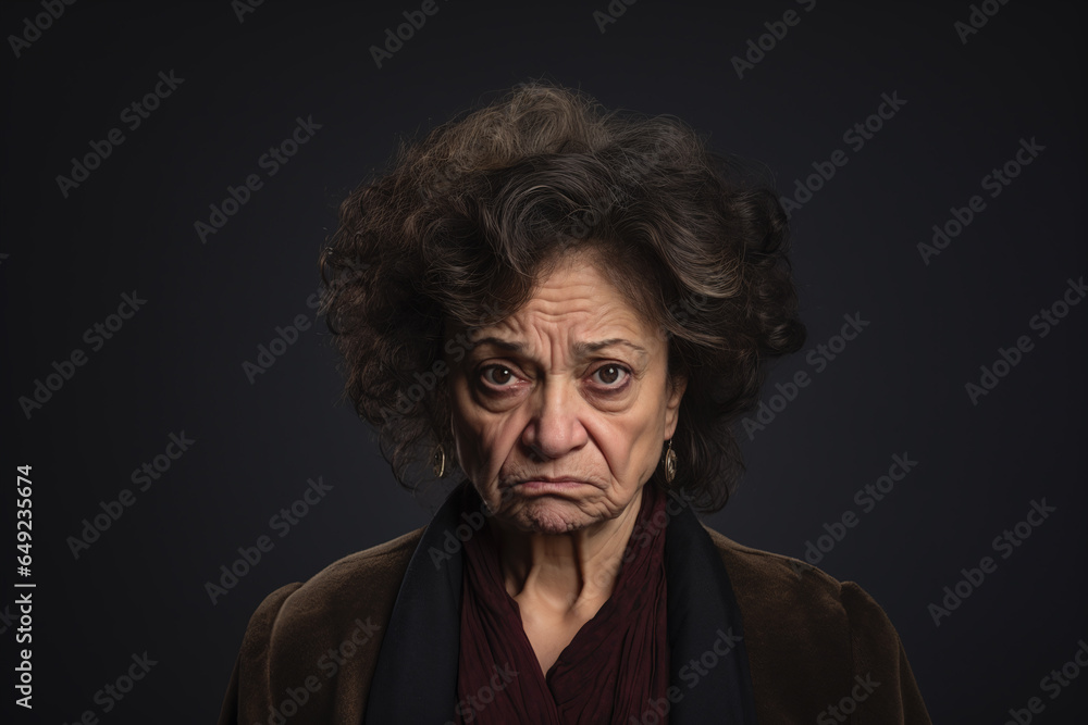 Portrait of an older woman looking at the viewer. Her face is sad or worried. Dark studio backdrop. Portrait of an older woman looking at the viewer. Her face is sad or worried. Dark studio backdrop.