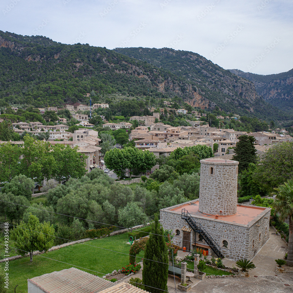 Valldemossa, Spain - 11 June, 2023: Views over the town of Valldemossa and Tramuntana Mountains, Mallorca
