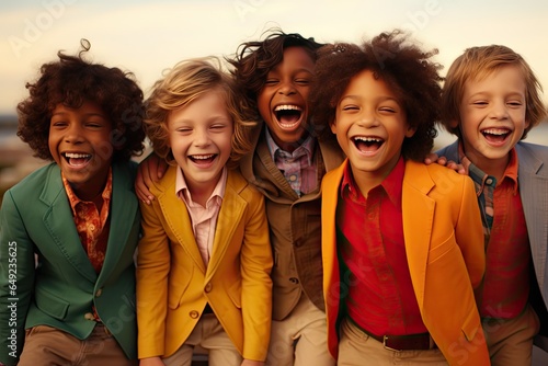 group of children of different races looking at the camera, fashion concept, diversity concept