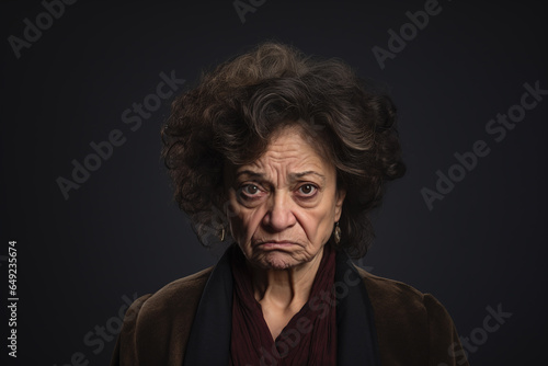 Portrait of an older woman looking at the viewer. Her face is sad or worried. Dark studio backdrop. © Tori