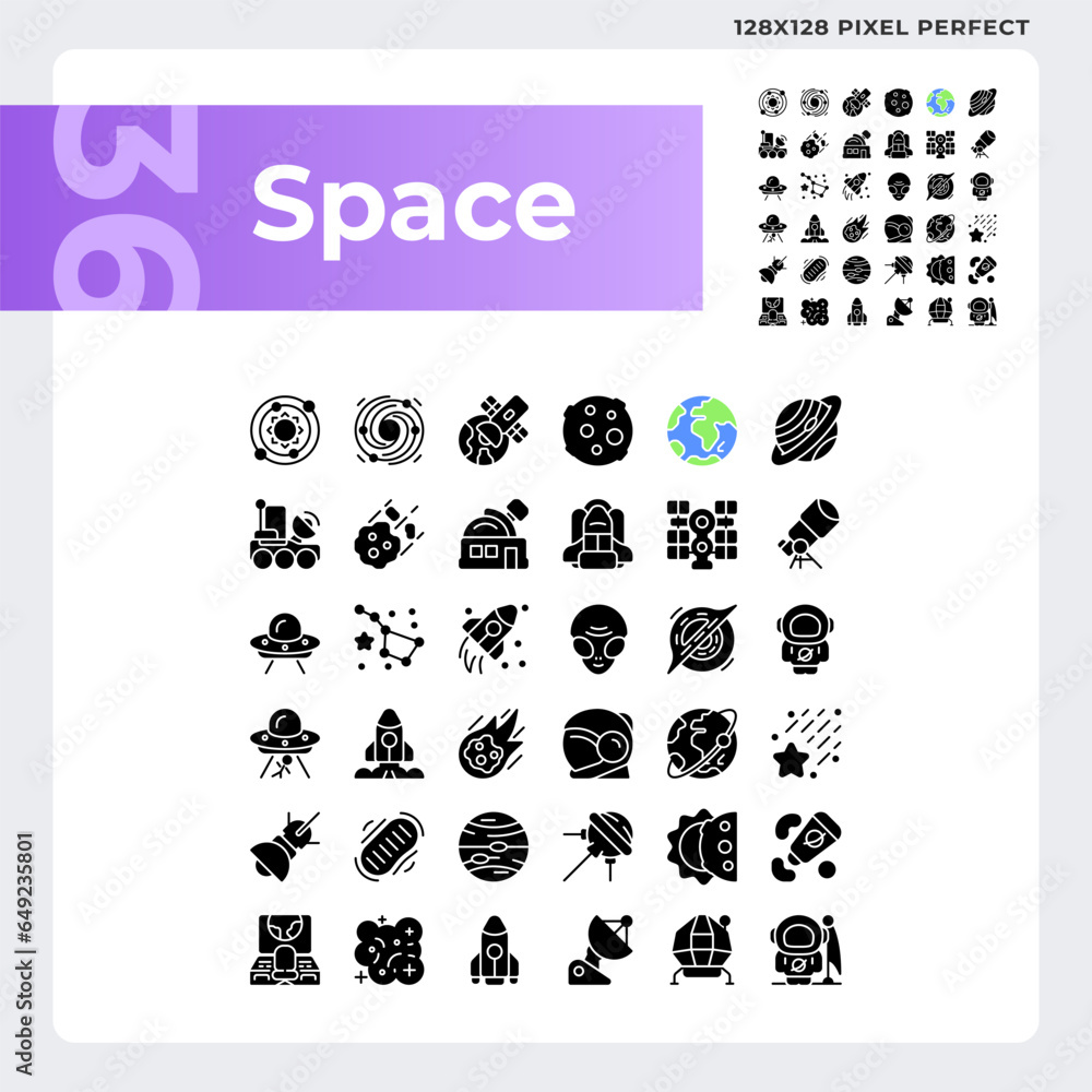 Space black pixel perfect black icons set on white space. Solar system. Astronomy science. Celestial bodies. Zero gravity. Silhouette symbols. Solid pictogram pack. Vector isolated illustration
